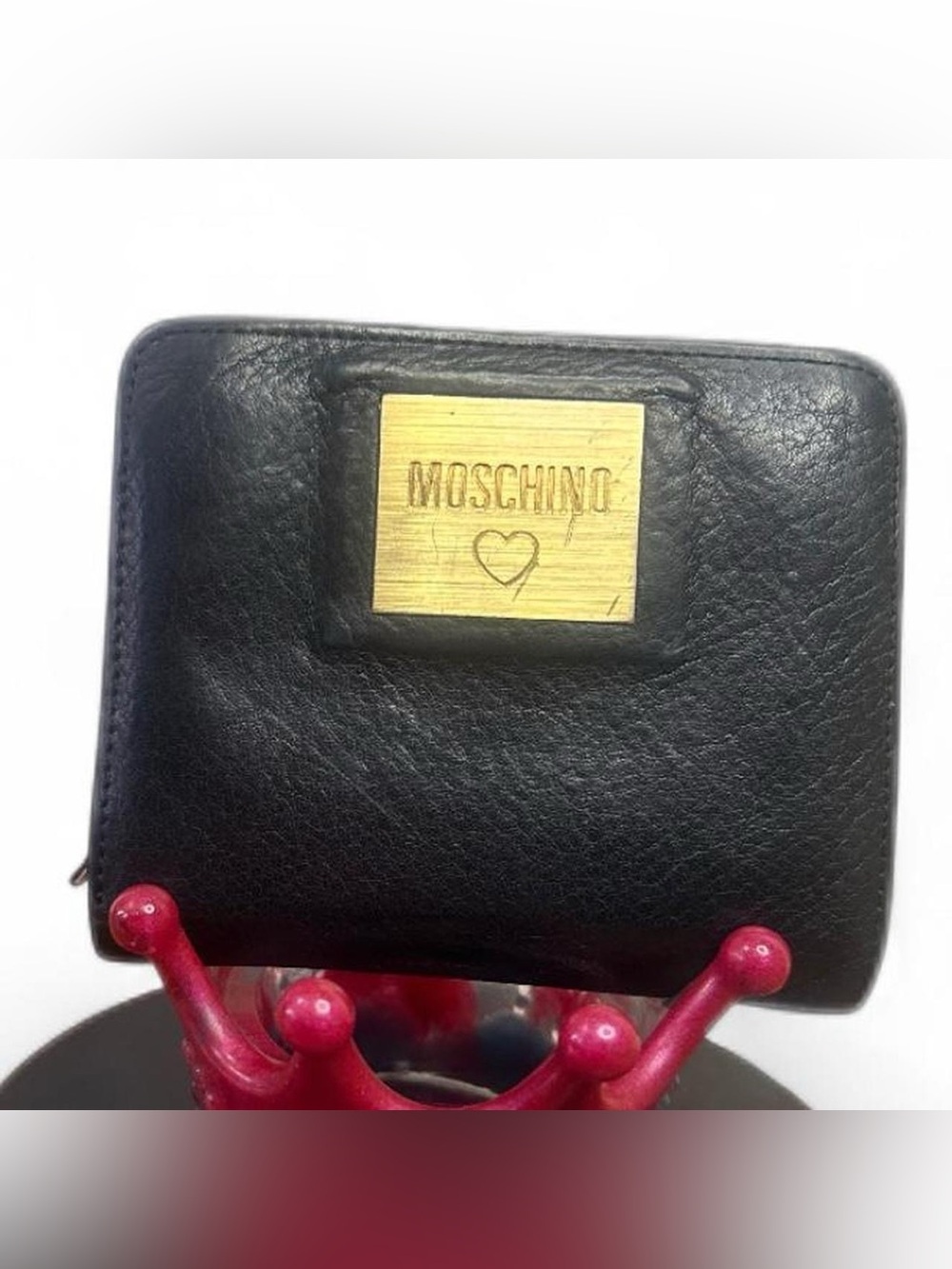 Vintage Moschino Black Leather Zip Around Wallet Gold Logo Plaque Italy